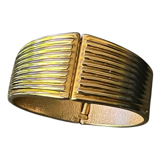 Vintage Art Deco Style Ribbed Gold Tone Clamp Clamper Bangle Bracelet - Picture 2 of 6